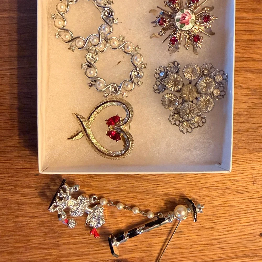 Vintage Elegant Silver and Red Brooch Set